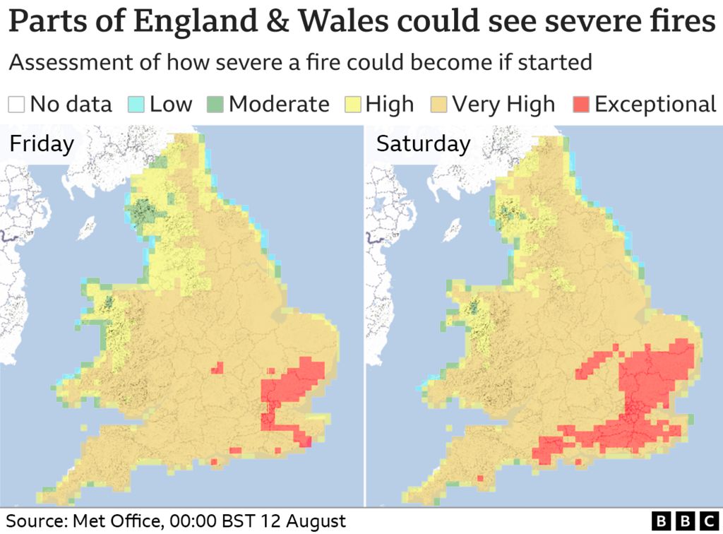Map showing areas of the UK at risk of fires because of the dry weather