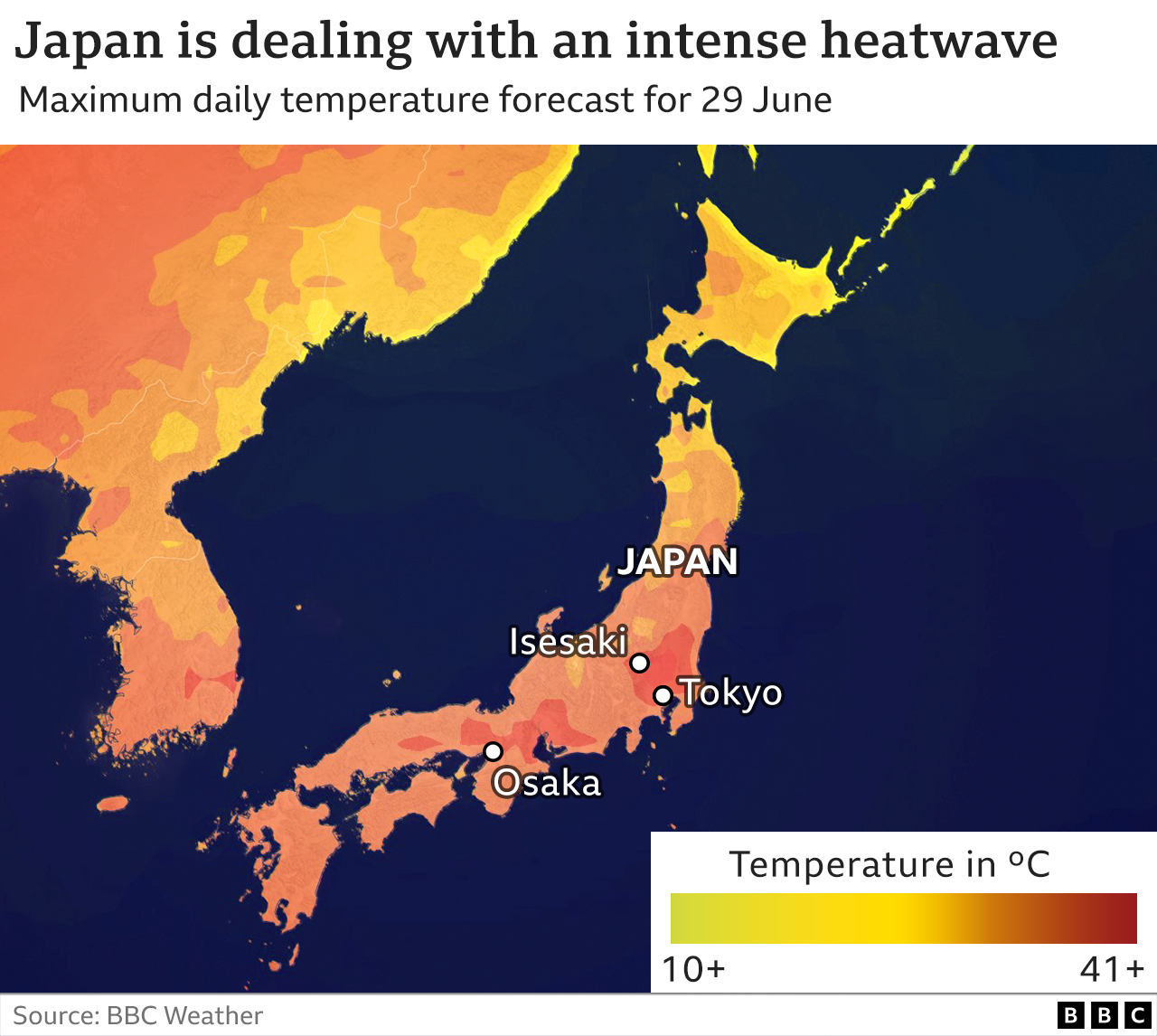 Map showing the maximum daily temperatures forecast in Japan for 29 June