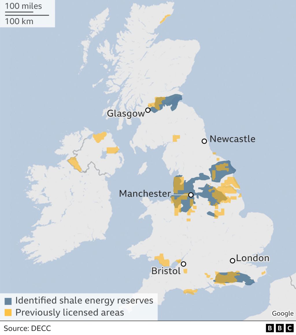 Map showing shale gas deposits and previously licensed areas