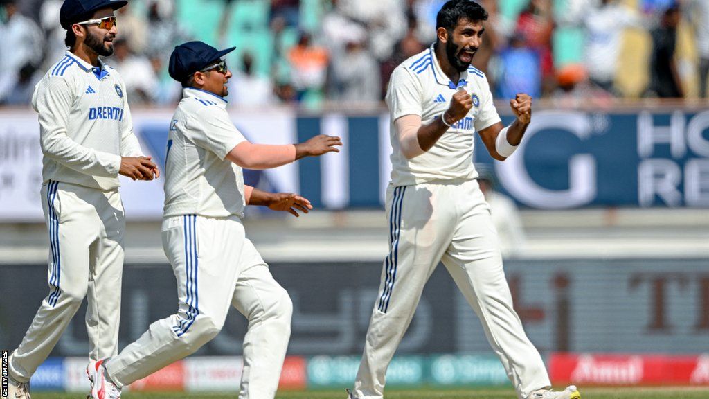 Jasprit Bumrah celebrating taking an England wicket