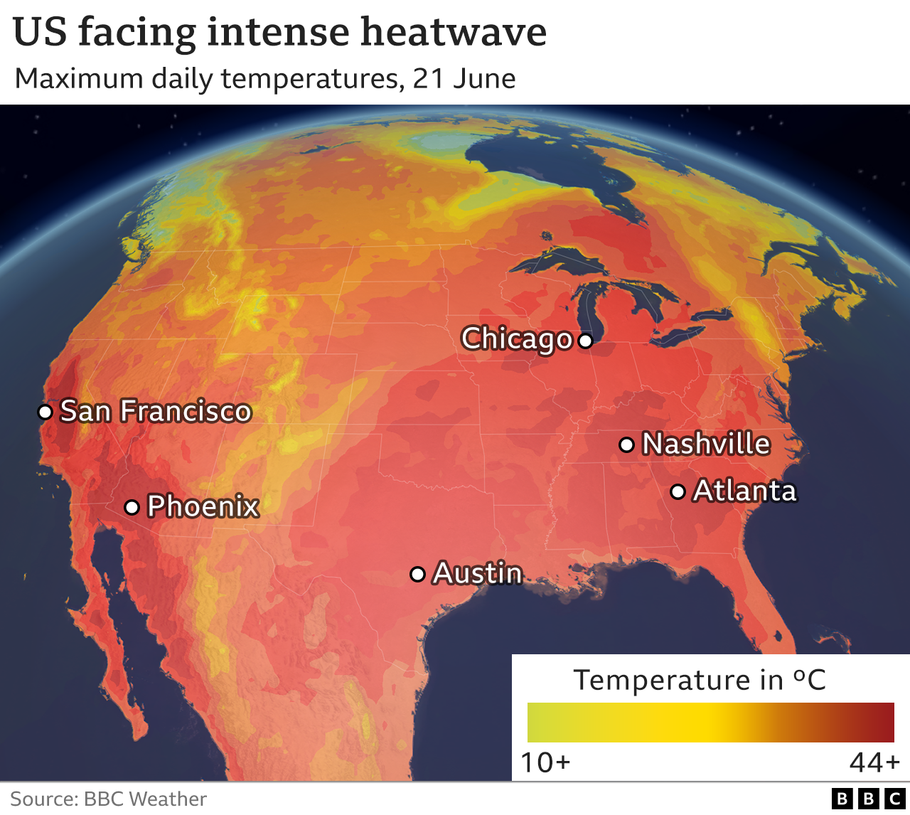 Map showing extreme heat across the US
