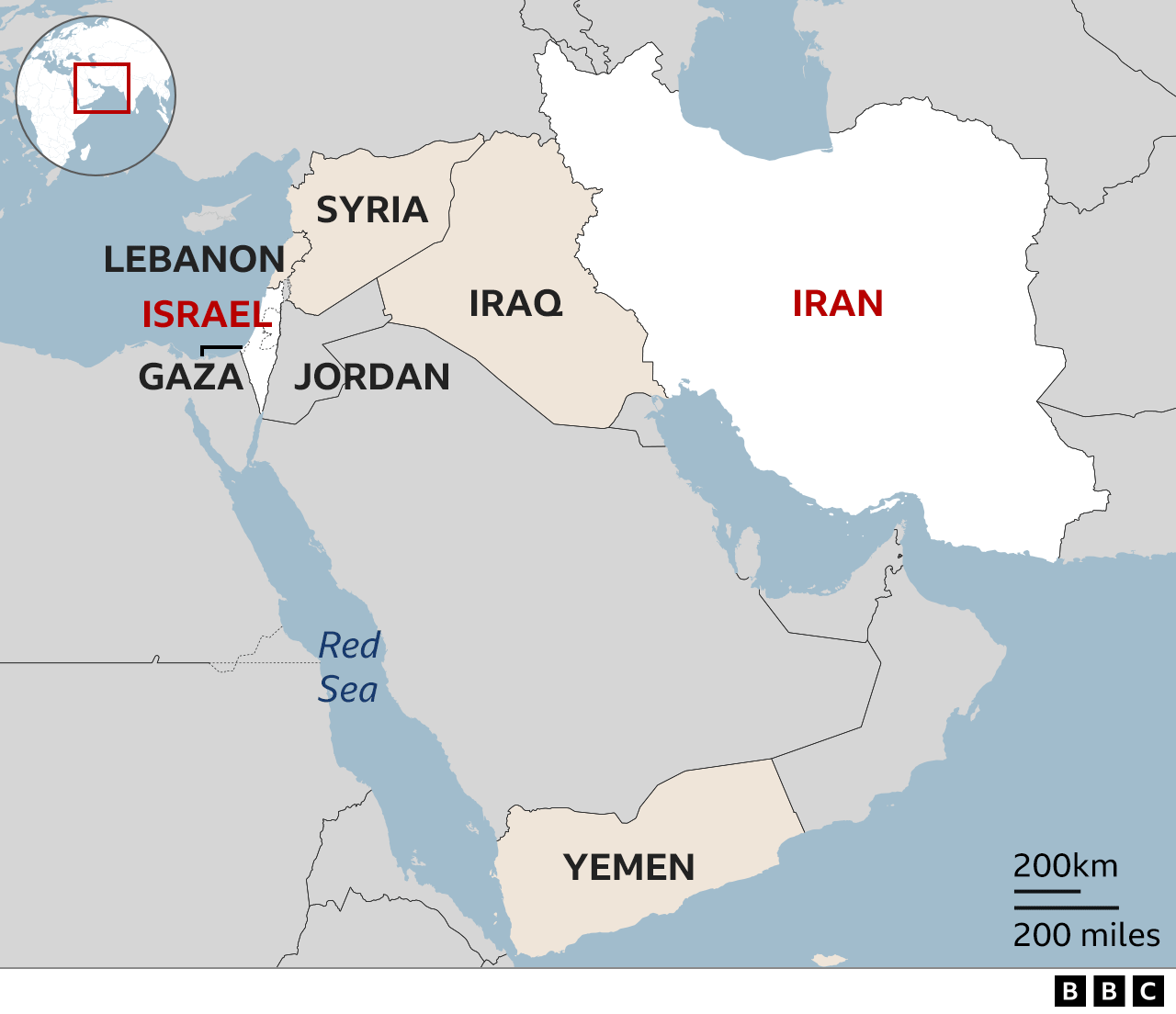 Map showing the Middle East and highlighting Iran, Iraq, Lebanon, Syria, Yemen and Israel and Gaza.