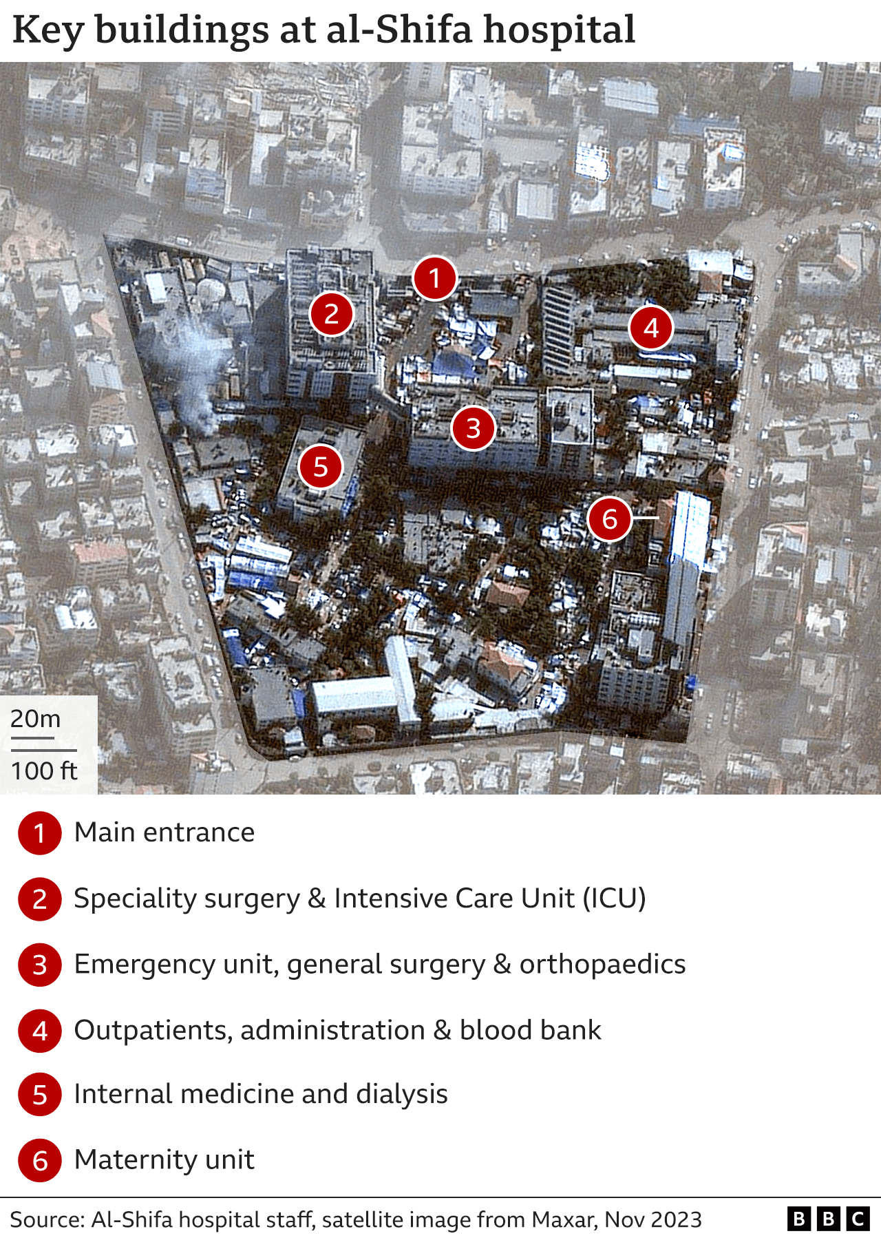 Map showing key buildings at al-Shifa Hospital, in Gaza City