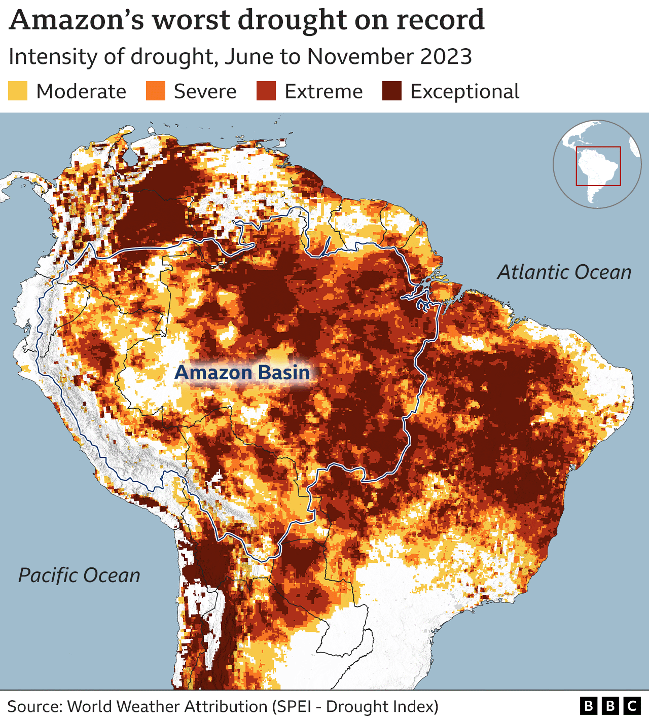 Map of drought intensity across South America. Much of the Amazon basin experienced the most intense levels of drought, marked in oranges and reds.