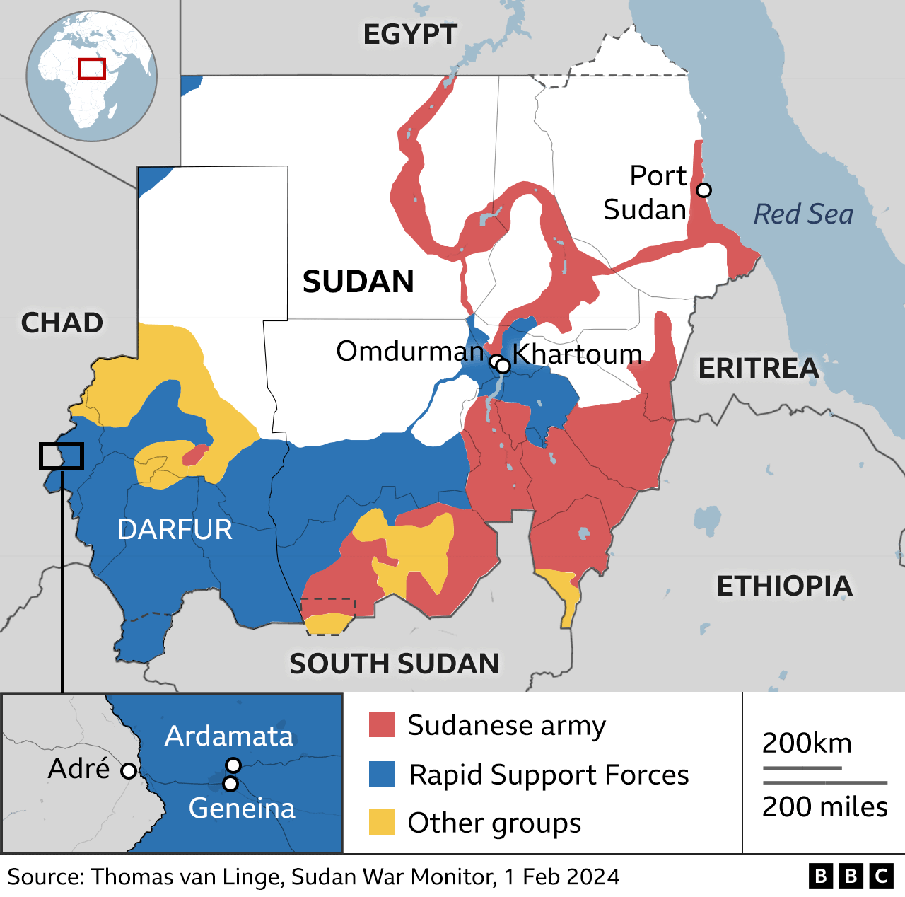 Map showing locations of Khartoum, Omdurman, Port Sudan and Ardamata and Geneina in Darfur, as well as areas of control of Sudan army and RSF.