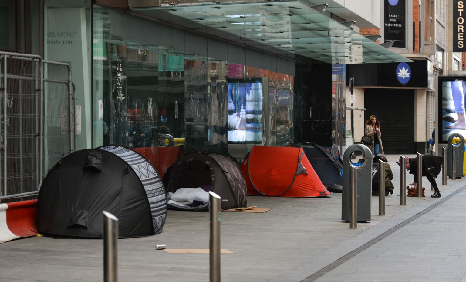 A view of a rough sleeper's tents outside a closed shop on Henry Street in Dublin city centre