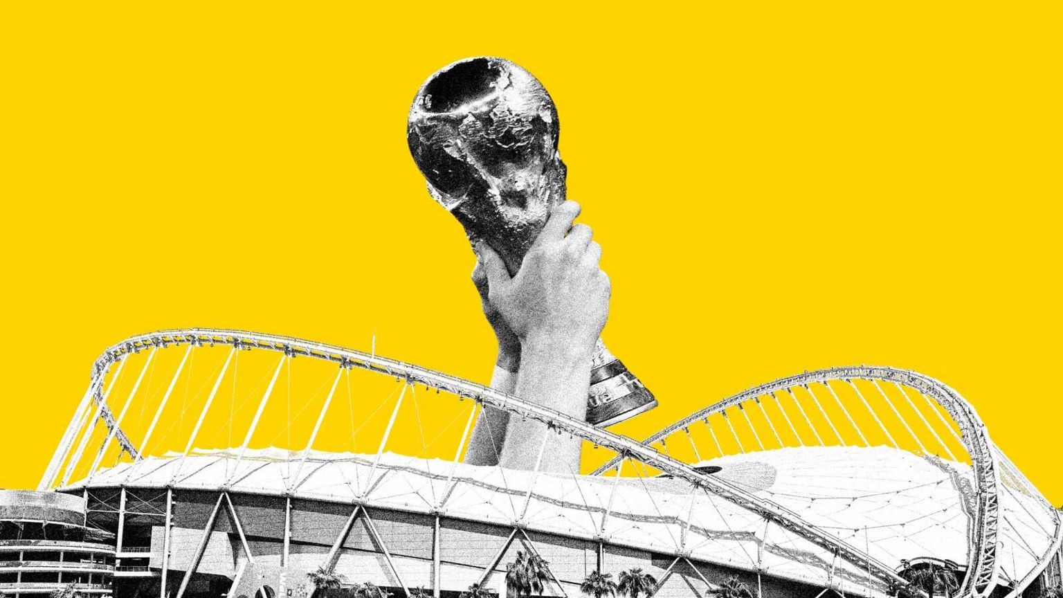 The world cup is held aloft above a stadium in this composite graphic set against a bright solid yellow