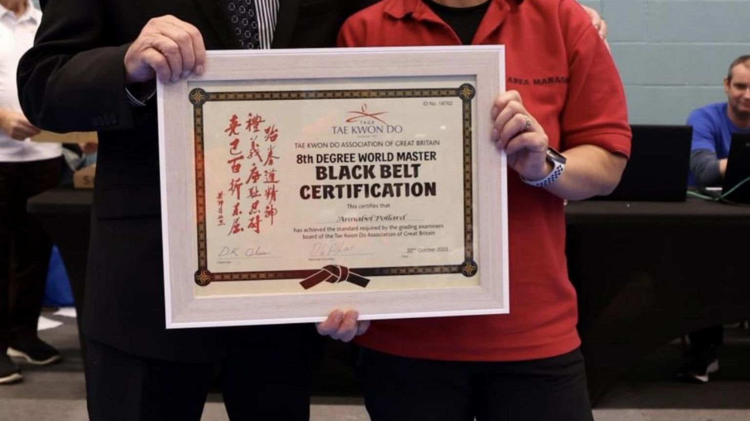 Certificate awarded to Annabel Murcott promoting her to 8th Dan black belt