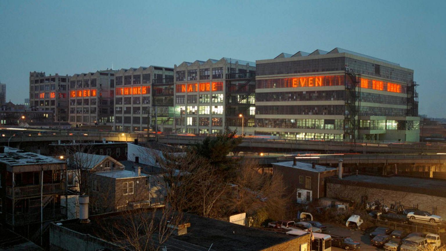 indestructible language installed in 2006 at the American Can Company buildings on the Pulaski Skyway in  Jersey City, New Jersey for the temporary installation with the Precipice Alliance founded by Joel Sternfeld and Donna Wingate.