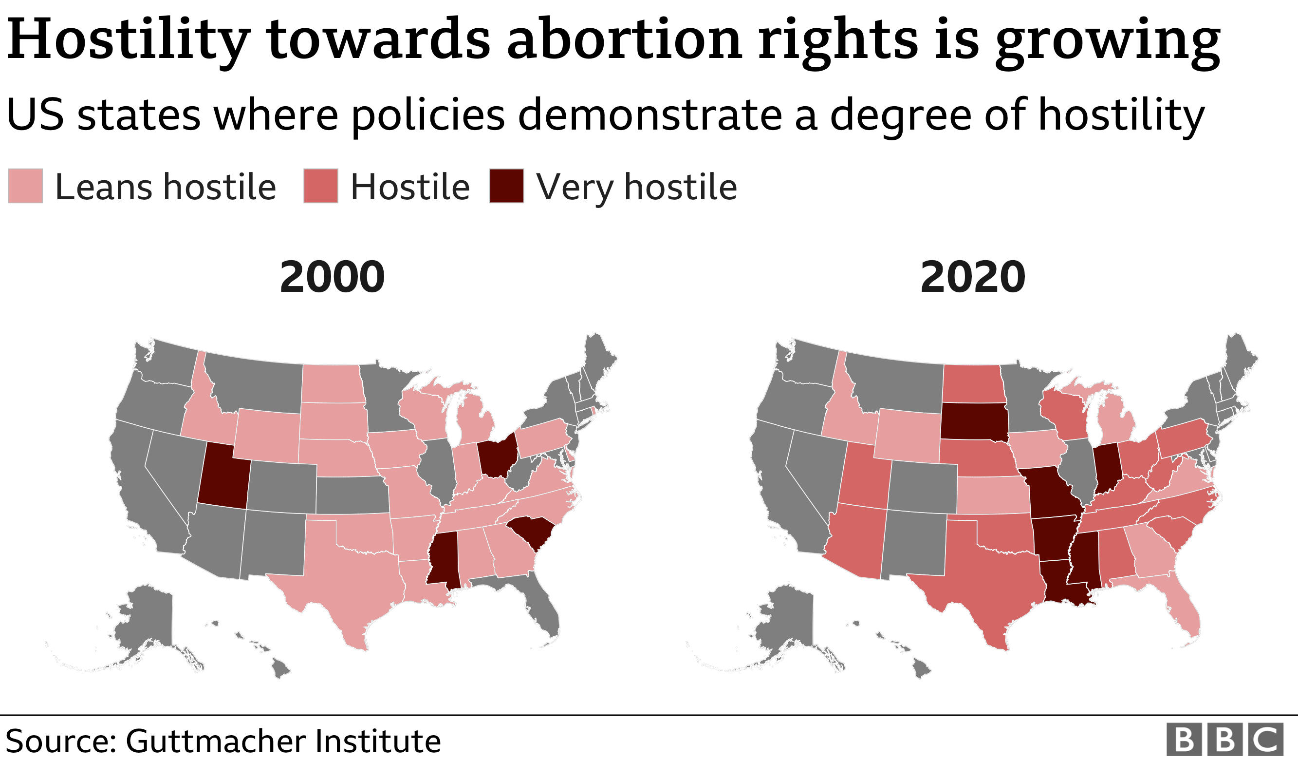 A map showing how abortion laws have become more restrictive in the past 2 decades