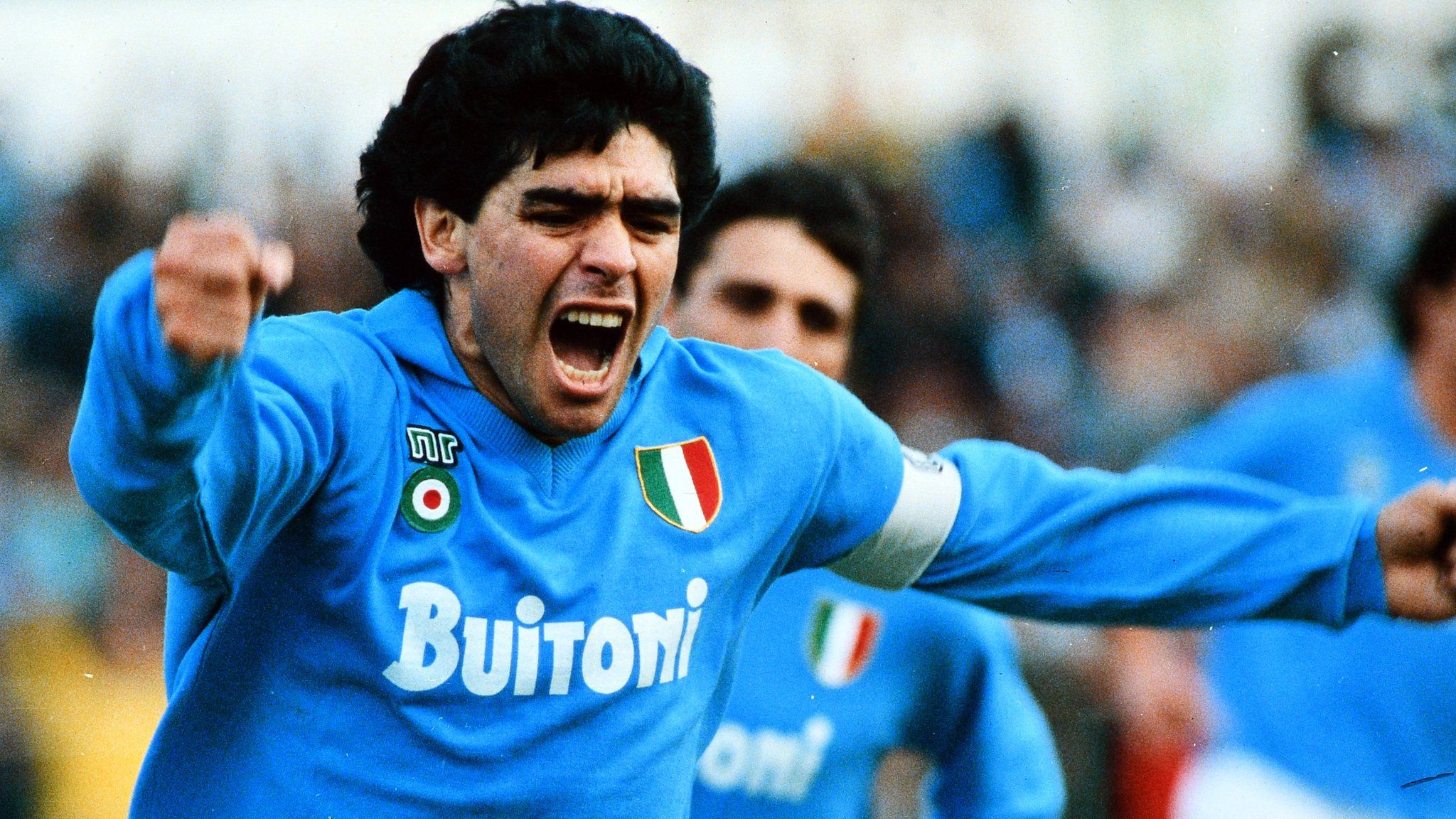 Diego Maradona celebrates scoring for Napoli against AC Milan in 1988