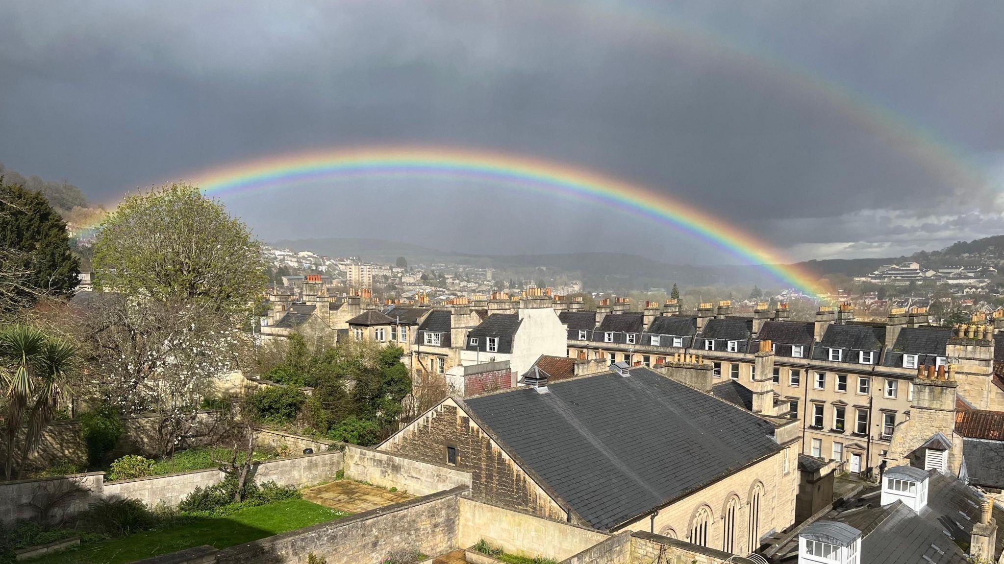 Double rainbow over the town of Bakewell, Derbyshire. 