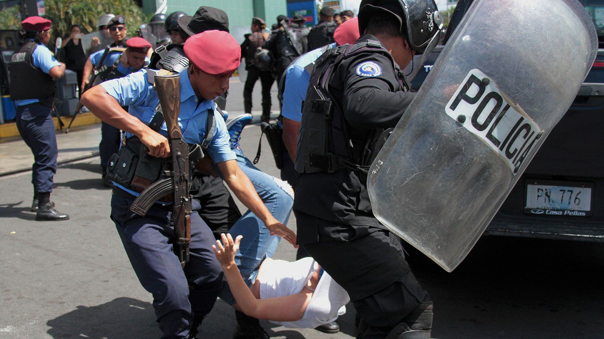 Nicaraguan riot police detain a protester demanding the government release opposition activists, in Managua on March 16, 2019