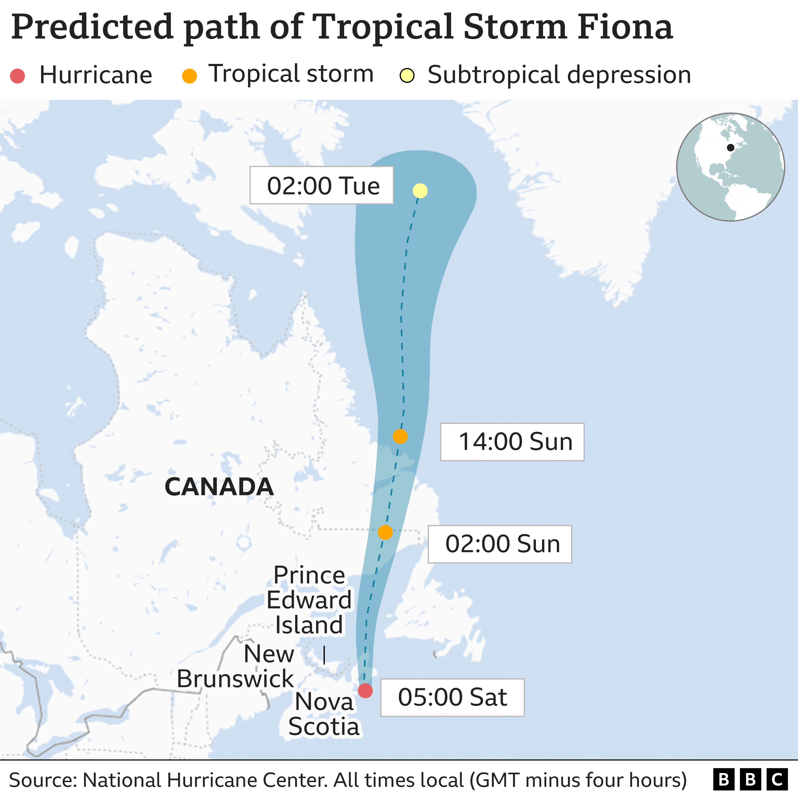 A map showing the path of Hurricane Fiona