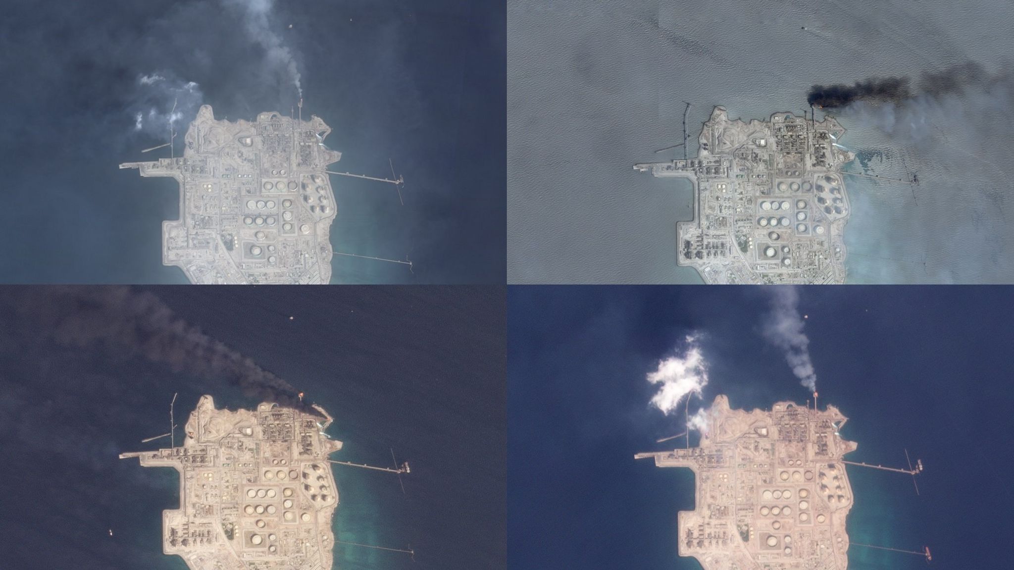 Four satellite images arranged in quadrant showing flaring at an offshore oil field