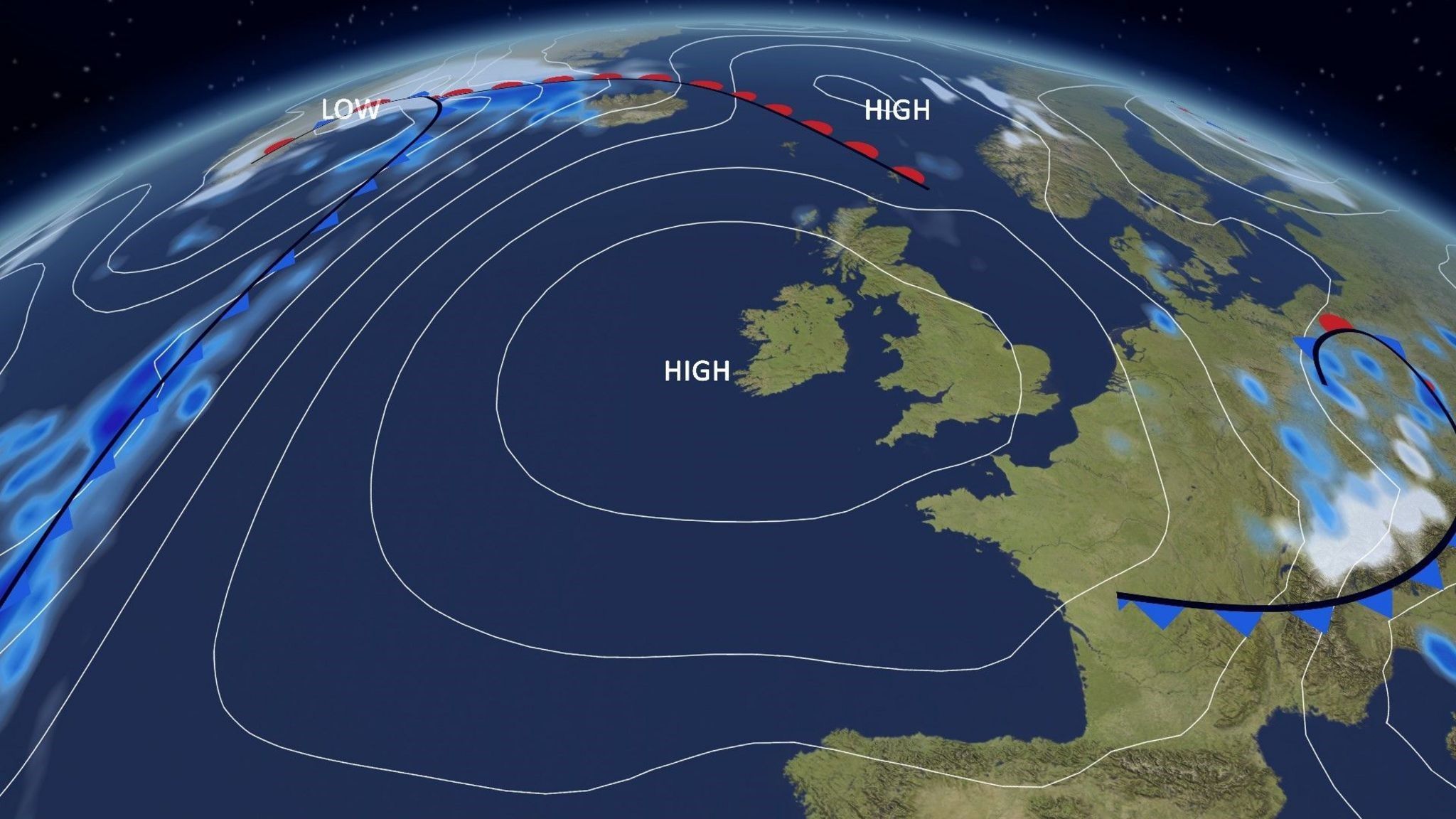 BBC Weather map showing an area of high pressure over the UK