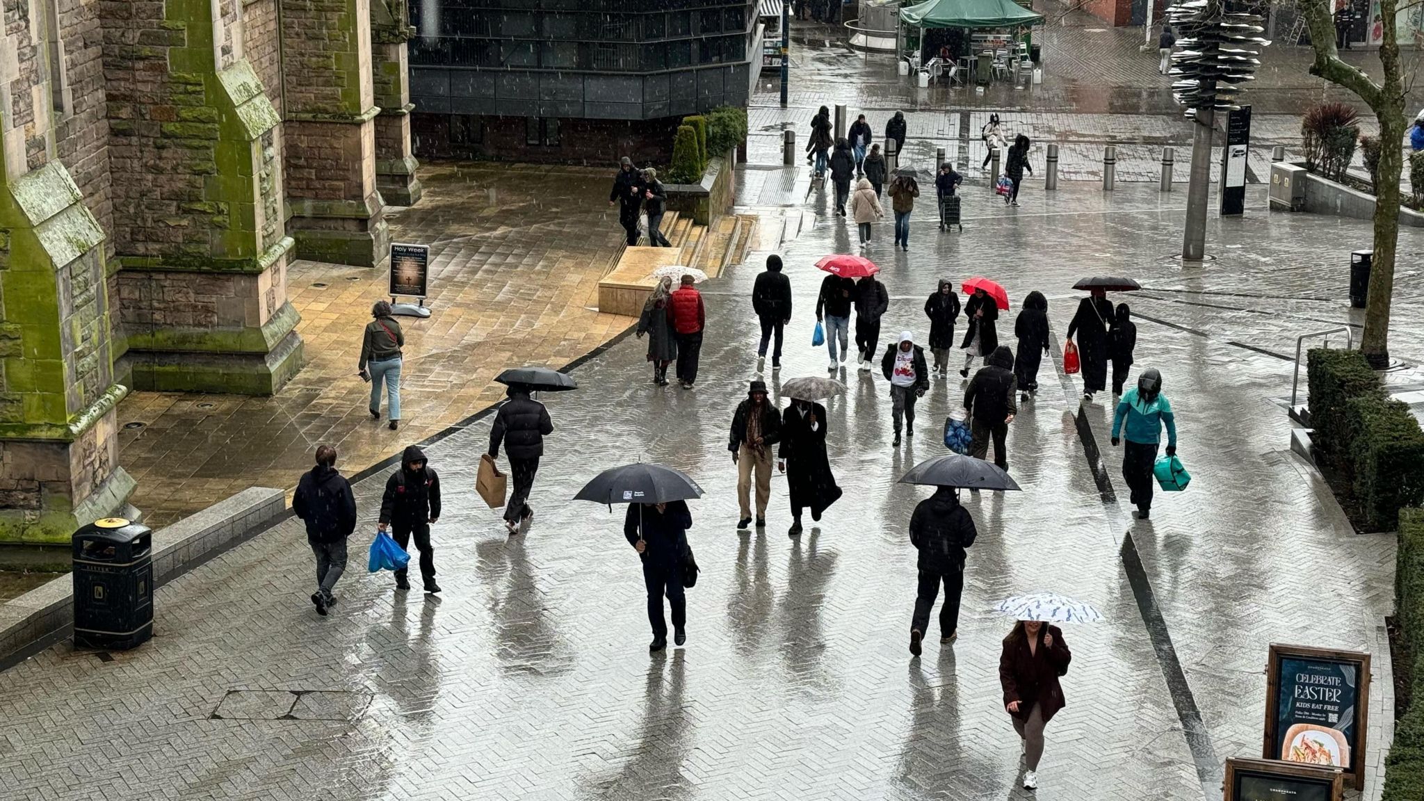 People walking with umbrellas in Birmingham city centre