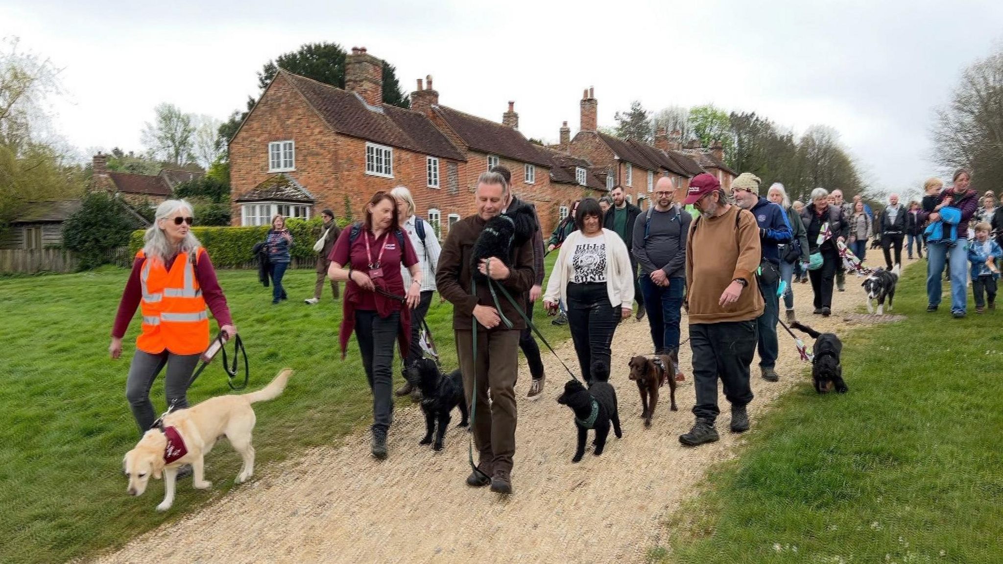 A group of dog walkers on a gravel path