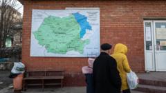 Семья украинских беженцев перед картой Румынии и Молдовы