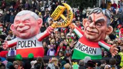 Куклы Виктора Орбана и Ярослава Качиньского на митинге в Дюссельдорфе