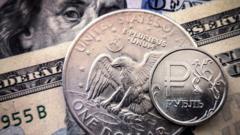 Рублевая монет на фоне долларов