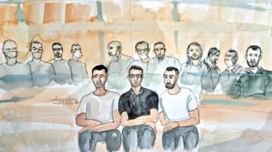 An artist's sketch shows Salah Abdeslam (R), and the other accused