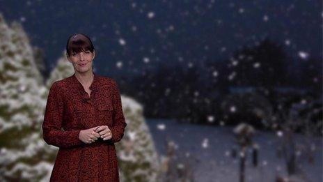 BBC Weather's Susan Powell in front of snow scene