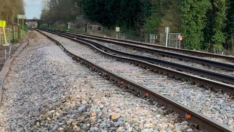 The buckled rail line near Edenbridge