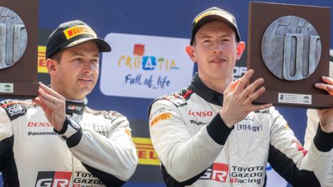  Second place Elfyn Evans (Great Britain), right, and Scott Martin (Great Britain) of the Toyota Gazoo Racing WRT team in a Toyota GR Yaris Rally1 Hybrid