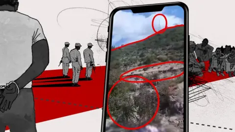 Graphic illustration showing photo footage and soldiers