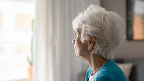 Elderly lady looking out of a window