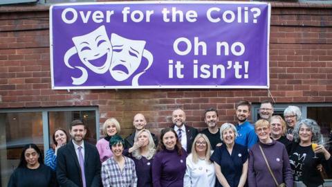 Julie Hesmondhalgh and campaigners with Oldham Council leader Arooj Shah and MP Jim McMahon (left)