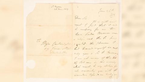 A photo of a letter written to Major John Cartwright from Lord Byron