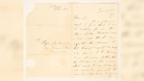 A photo of a letter written to Major John Cartwright from Lord Byron