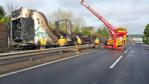 A burnt out lorry