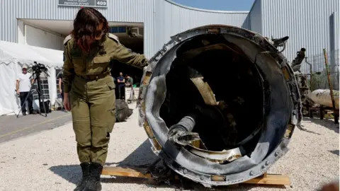 Israel's military displays what they say is an Iranian ballistic missile which they retrieved from the Dead Sea after Iran launched drones and missiles towards Israel, at Julis military base, in southern Israel April 16, 2024.