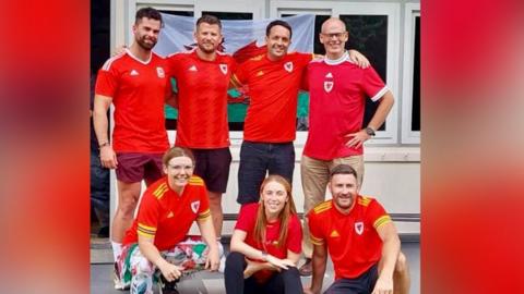 Welsh teachers with welsh shirts on 