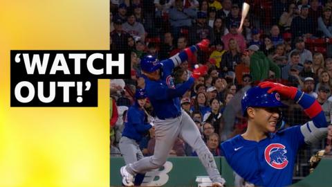 Chicago Cubs batter Miguel Amaya launches his bat into the stands