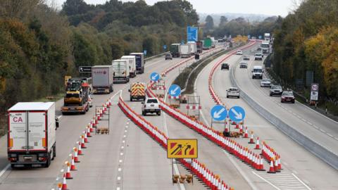 Traffic passes through Operation Brock on the M20 in Ashford, Kent