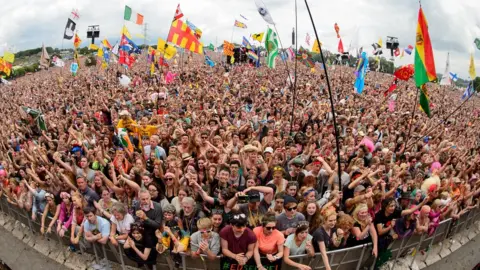 The crowd in front of the Pyramid stage at Glastonbury