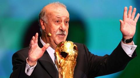 Vicente del Bosque raises his hands in front of the World Cup trophy