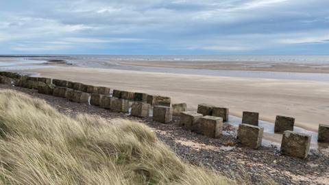 A double row of tank traps on the beach at Alnmouth 