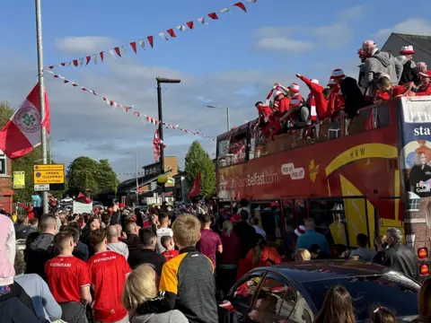 Cliftonville on a bus tour to celebrate Irish Cup win