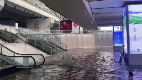 Flooded train station