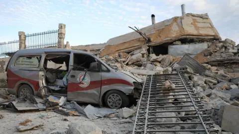 Aftermath of a reported Russian air strike on Kafranbel Specialist Hospital in Kafranbel, Syria (5 May 2019)