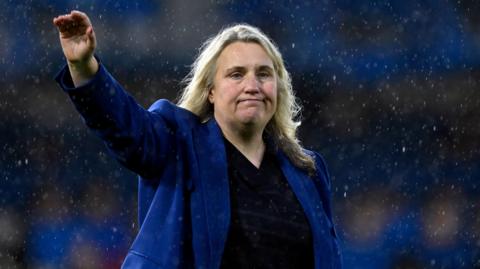 Emma Hayes waves to the crowd after Chelsea lost to Barcelona