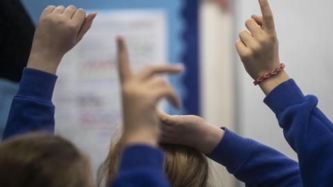 Students raising their hands in class 