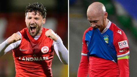 A jubilant Tomas Cosgrove for Larne and a dejected Chris Shields for Linfield