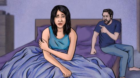 A woman and a man in bed together. The woman looks distressed, the man is angrily yelling at her.