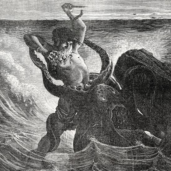 Toilers of the Sea inspired image of fisherman fighting a giant octopus